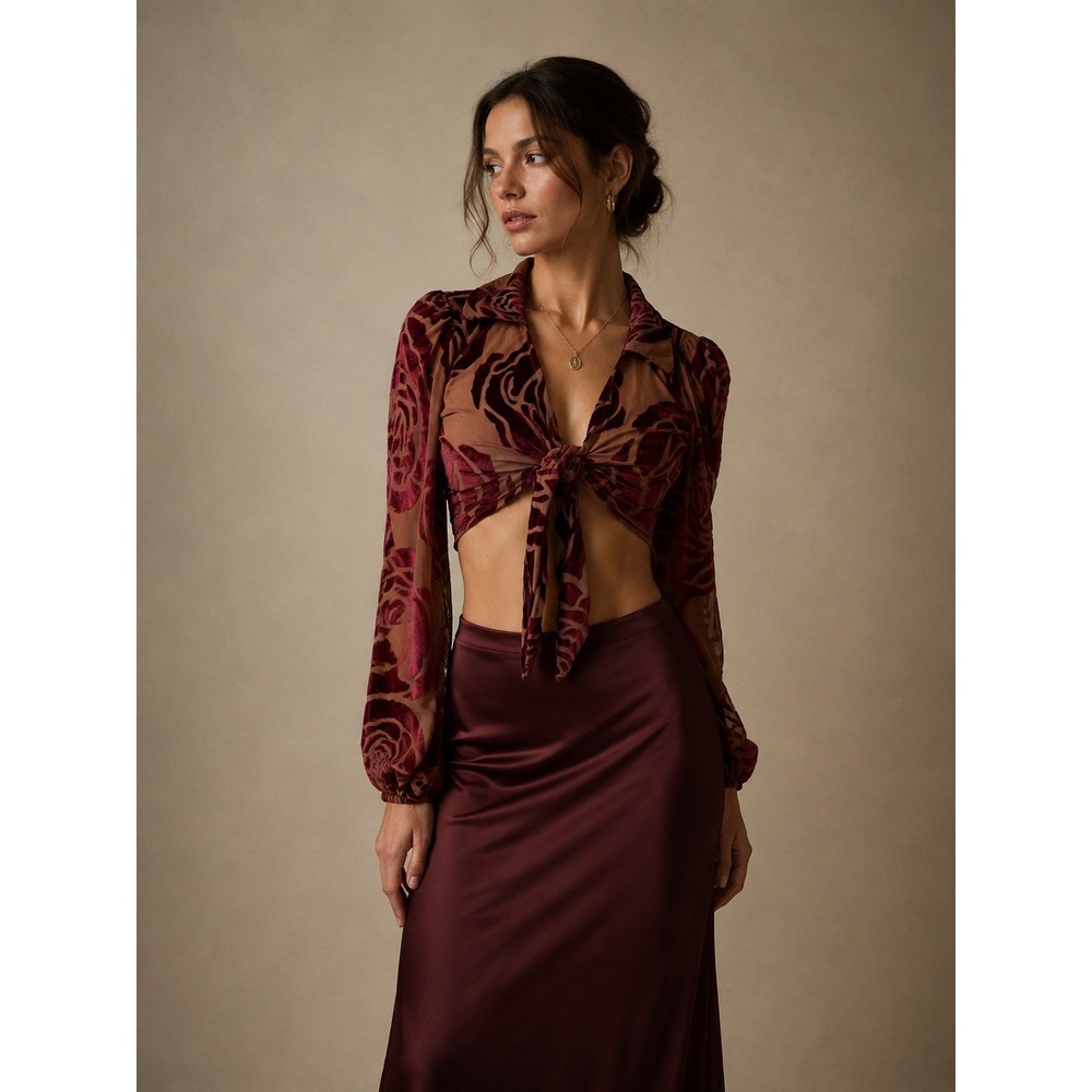 Velvet Burnout‎ Top Womens S Burgundy Rose Tie Front Crop Blouse Going out Boho